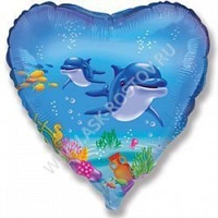 Шар (18''/46 см) Сердце, Счастливый дельфин, Голубой