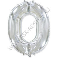 Шар (40''/102 см) Цифра, 0, Серебро, Металлик, 1 шт. в уп.