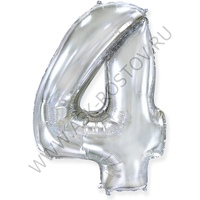 Шар (40''/102 см) Цифра, 4, Серебро, Металлик, 1 шт. в уп.