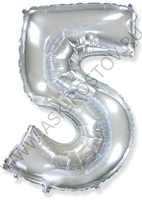 Шар (40''/102 см) Цифра, 5, Серебро, Металлик, 1 шт. в уп.
