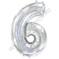 Шар (40''/102 см) Цифра, 6, Серебро, Металлик, 1 шт. в уп.