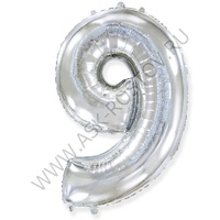 Шар (40''/102 см) Цифра, 9, Серебро, Металлик, 1 шт. в уп.