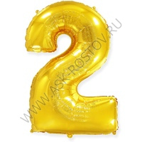 Шар (40''/102 см) Цифра, 2, Золото, Металлик, 1 шт. в уп.