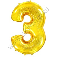 Шар (40''/102 см) Цифра, 3, Золото, Металлик, 1 шт. в уп.