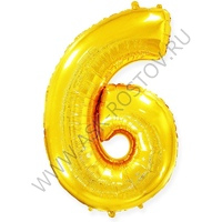 Шар (40''/102 см) Цифра, 6, Золото, Металлик, 1 шт. в уп.