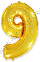 Шар (40''/102 см) Цифра, 9, Золото, Металлик, 1 шт. в уп.