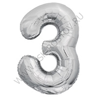 Шар (32''/81 см) Цифра, 3, Серебро, 1 шт. в уп.