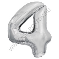 Шар (32''/81 см) Цифра, 4, Серебро, 1 шт. в уп.