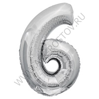 Шар (32''/81 см) Цифра, 6, Серебро, 1 шт. в уп.