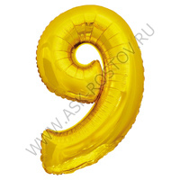 Шар (32''/81 см) Цифра, 9, Золото, 1 шт. в уп.